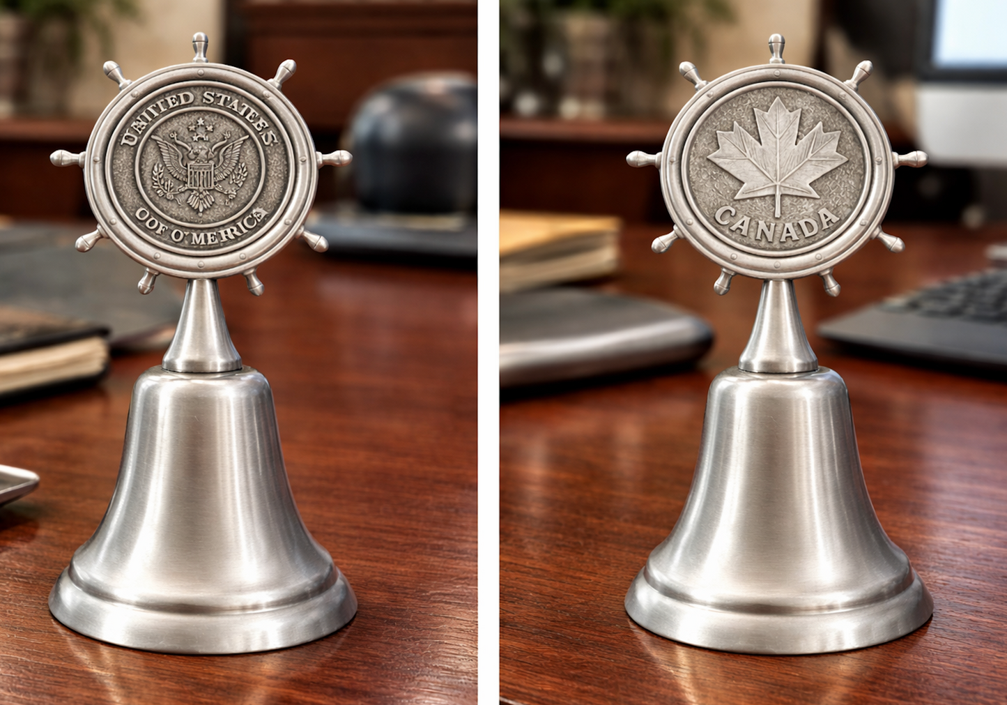 Bell Nautical Ship Stern U.S.A Eagle Coat Arms Canada Map Leaf Flag