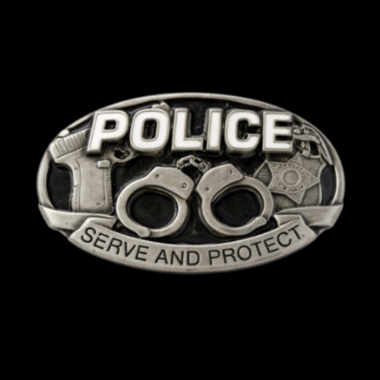 Police Handcuff Gun Badge Serve n Protect Belt Buckle