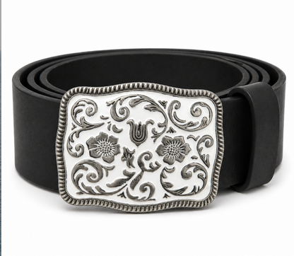 White Flower Cowboy Cowgirl Western Belt Buckle