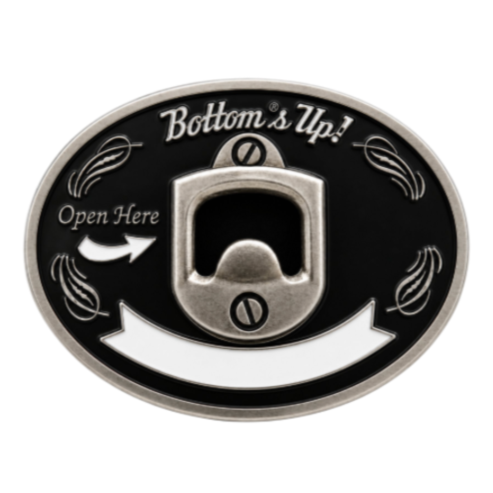Bottoms Up Phrase Beer Bottle Opener Belt Buckle