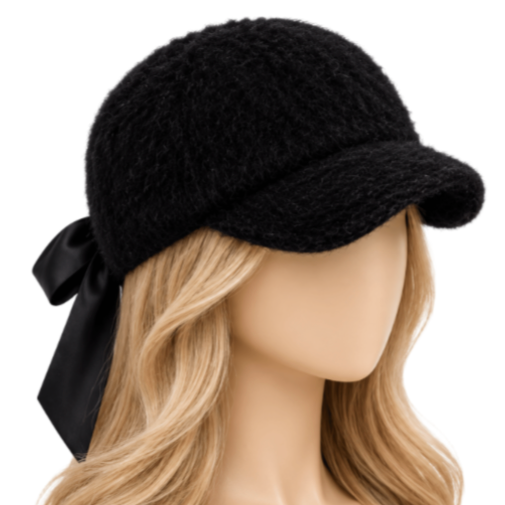 Black Fuzzy Baseball Cap with Satin Bow Women’s Soft Textured Hat Chic Casual