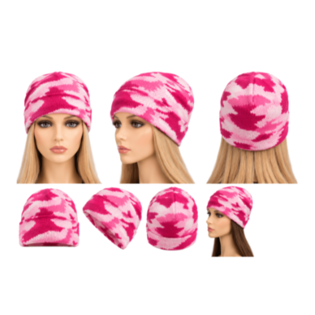 Pink Knit Beanie Hat for Women – Warm Cuffed Winter Cap