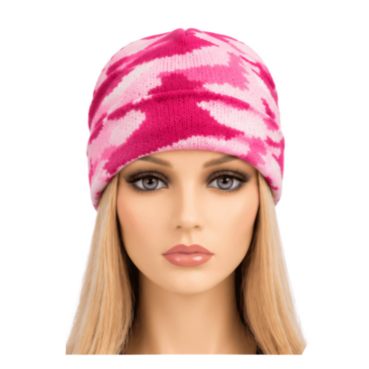 Pink Knit Beanie Hat for Women – Warm Cuffed Winter Cap