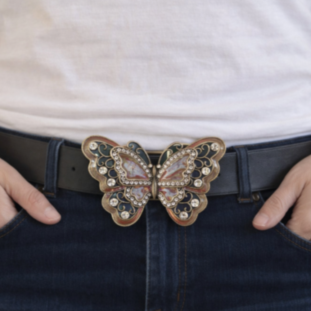 Hebilla de cinturón con diamantes de imitación y purpurina monarca de mariposa