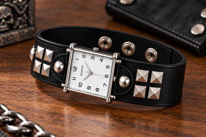 Unisex Punk Square Fashion Watch – Wide Black Leather Cuff Bracelet
