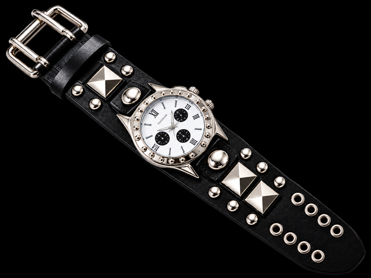 Stylish Unisex Punk Rock Watch – Black Studded Big Cuff Bracelet