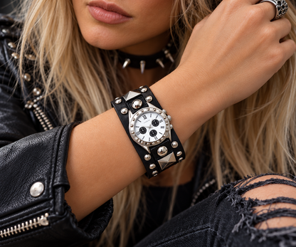 Stylish Unisex Punk Rock Watch – Black Studded Big Cuff Bracelet