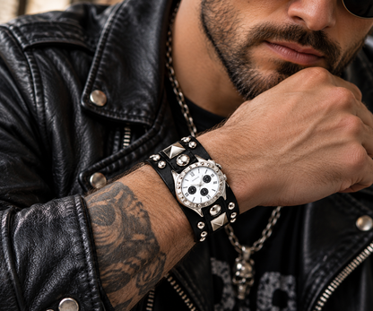 Stylish Unisex Punk Rock Watch – Black Studded Big Cuff Bracelet