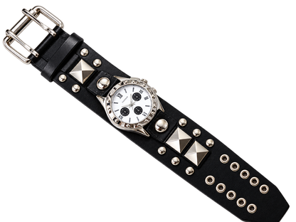 Stylish Unisex Punk Rock Watch – Black Studded Big Cuff Bracelet
