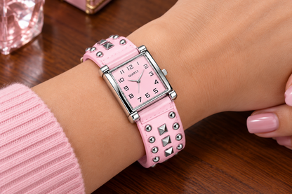 Pink Studded Cuff Watch – Sexy Punk Fashion Bracelet Wristwatch
