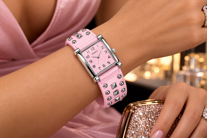 Pink Studded Cuff Watch – Sexy Punk Fashion Bracelet Wristwatch