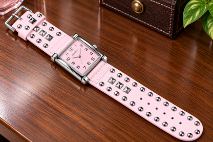 Pink Studded Cuff Watch – Sexy Punk Fashion Bracelet Wristwatch