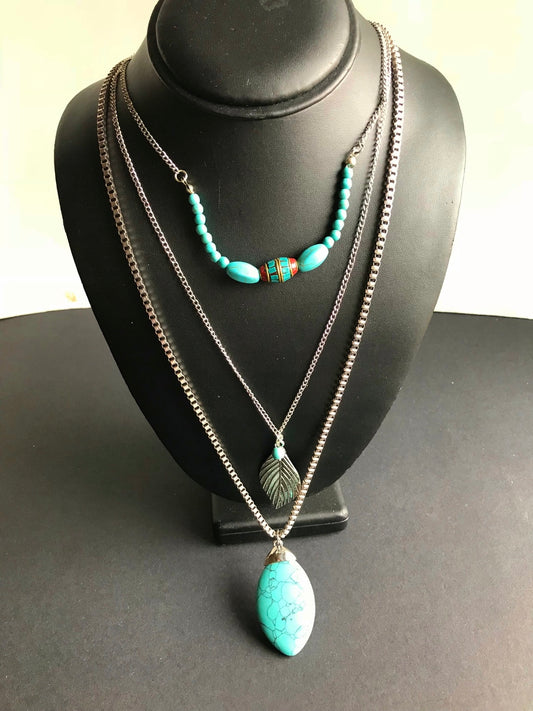 3 Layer Chain Turquoise Beads Stone Silver Feather Pendant Necklace