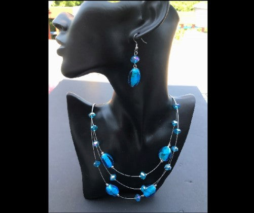 3 STRAND BLUE GLASS BEAD NECKLACE DANGLE PIERCED EARRINGS