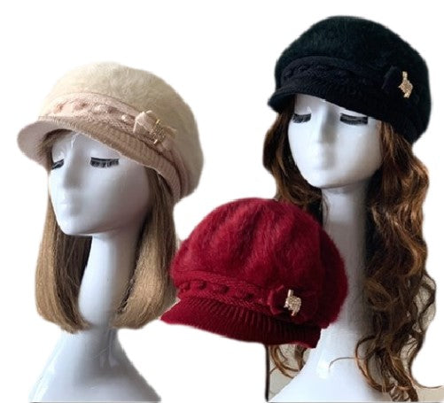 Angora Knit Hat Brim Baggy Slouchy Crochet Newsboy Winter Visor Cap avec arc