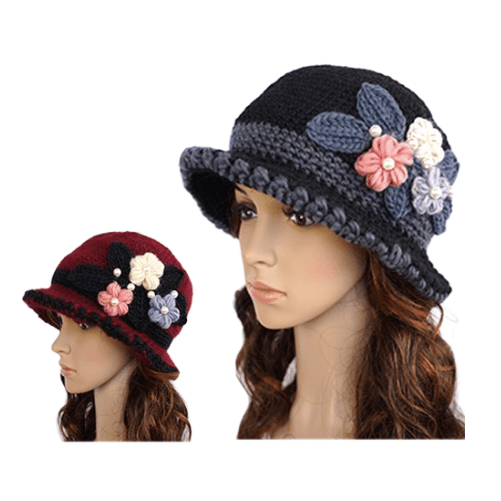 Gorro de crochet con flores gruesas para mujer, sombreros de invierno