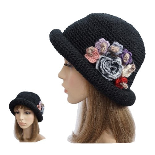 Gorro de crochet con flores gruesas para mujer, sombreros de invierno