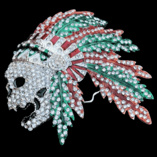 Rhinestones Feathers Headwear Native Art Indian Skull Belt Buckle