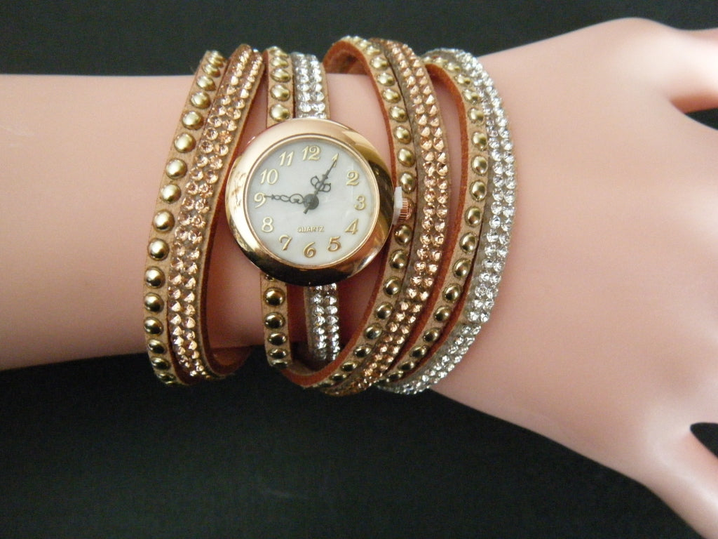 Montre-Bracelet Beige Femme Superbe Strass Wrap Mode Bracelet Montre-Bracelet