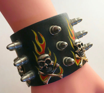Skull Flames Leather Cuff Wristband Bracelet Goth Punk Emo