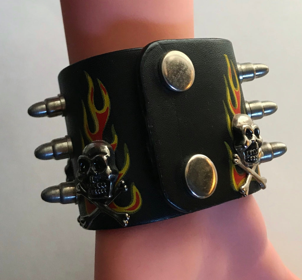 Skull Flames Leather Cuff Wristband Bracelet Goth Punk Emo