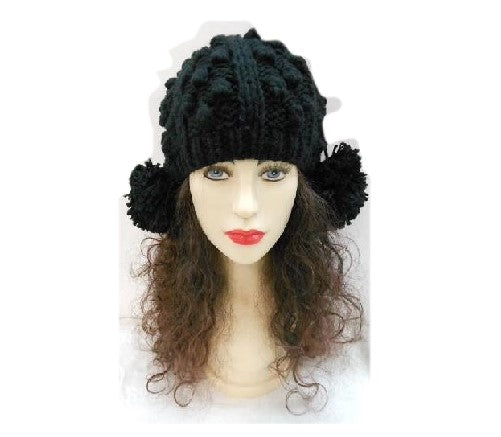 Gorro de invierno de esquí de moda para mujer tejido con dos pompones negros