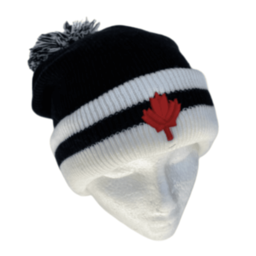 Gorros De Gorro De Invierno Con Pompones De Esquí De Moda Mapleleaf De Canadá Rayas Blancas Negras