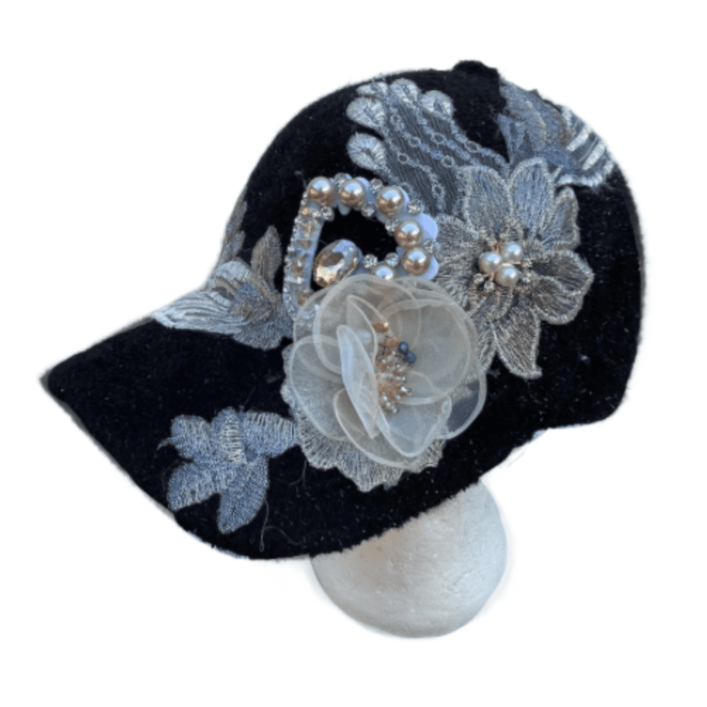 Chapeau Bling noir pour femmes, orné de strass, fausses perles florales, réglable