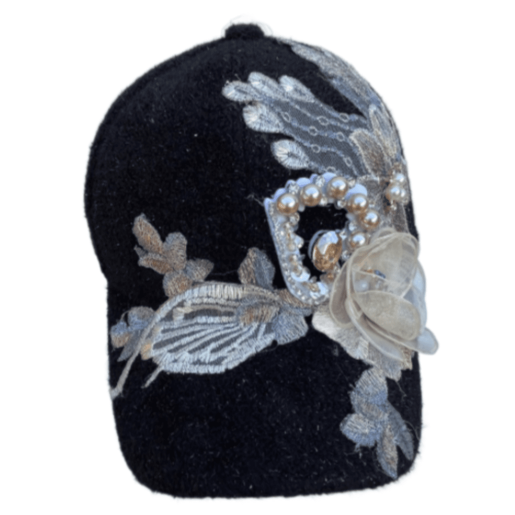 Chapeau Bling noir pour femmes, orné de strass, fausses perles florales, réglable