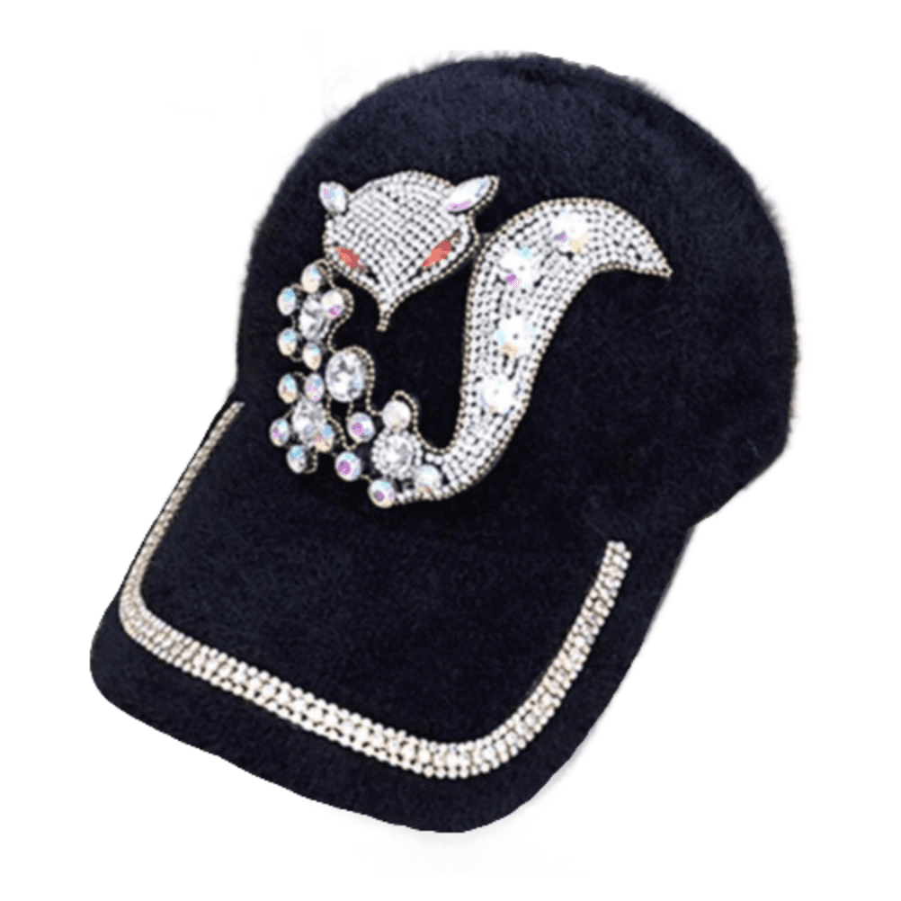 Chapeau Bling noir pour femmes, casquette de renard à paillettes et strass