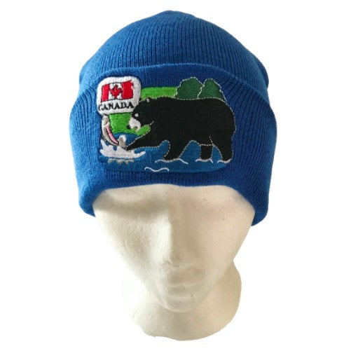 Gorro unisex con diseño de bandera canadiense, color azul, hoja de arce, oso pardo, esquí