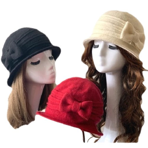 Bow Women's Ladies 100% Wool Bucket Cloche Beanies Winter Cap Hats