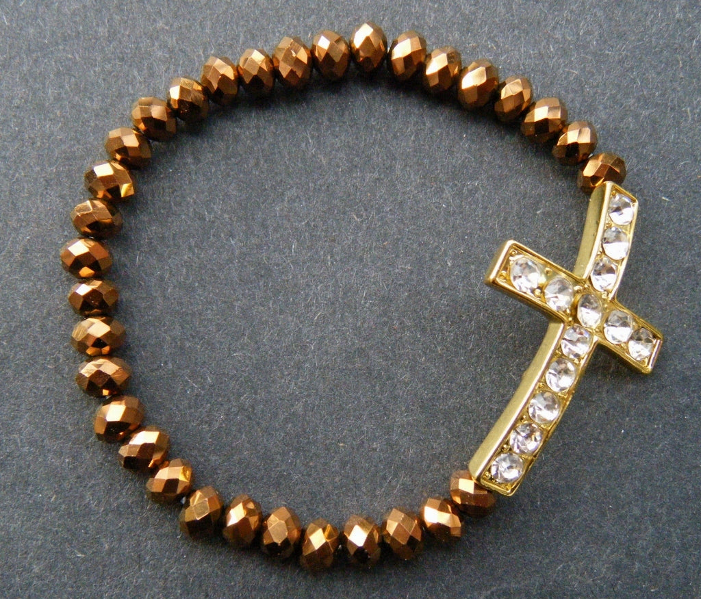 BRACELET DE MODE EXTENSIBLE AVEC PERLES DE CRISTAL MARRON ET STRASS RELIGIEUX CROIX