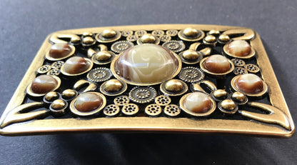 Hippie Era Boho Antique Brass Brown Rhinestones Belt Buckle