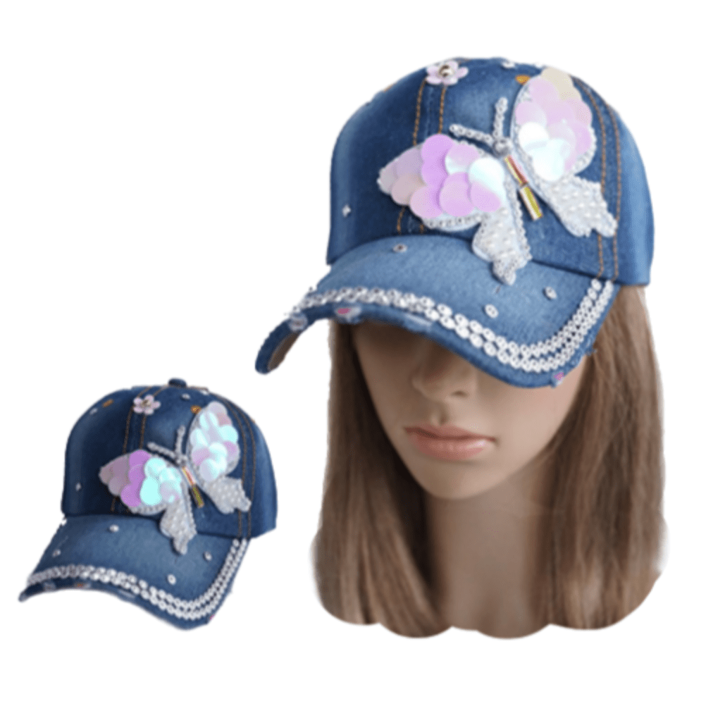 Casquette de baseball en denim pour femmes avec strass papillon, chapeau de soleil d'extérieur