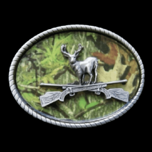 Deer Hunter Camo Rifle Big Game Belt Buckle