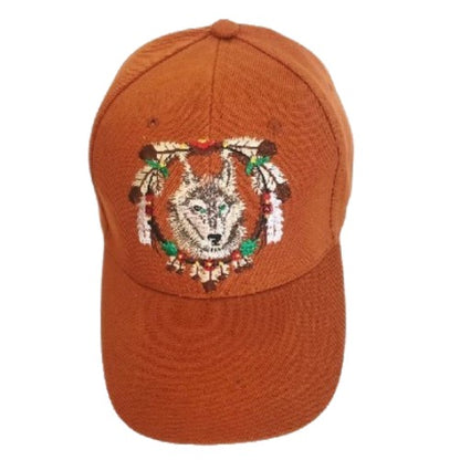 Casquette de Baseball Orange, loup sauvage, plume d'animal, chapeau indien indigène