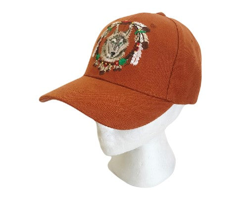 Casquette de Baseball Orange, loup sauvage, plume d'animal, chapeau indien indigène