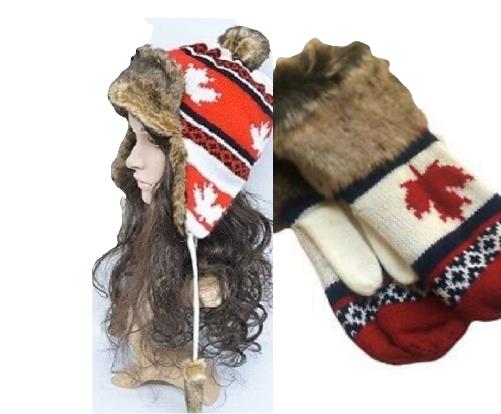 CANADA FAUX FUR FASHION WINTER SKI AVIATOR HAT MAPLELEAF EAR FLAPS MITTENS SET