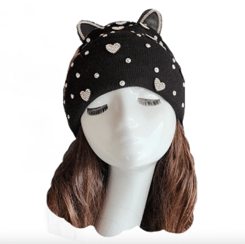 Cat Ears Jewel Studded Bling Silver Rhinestone Hearts Winter Tuque Hats