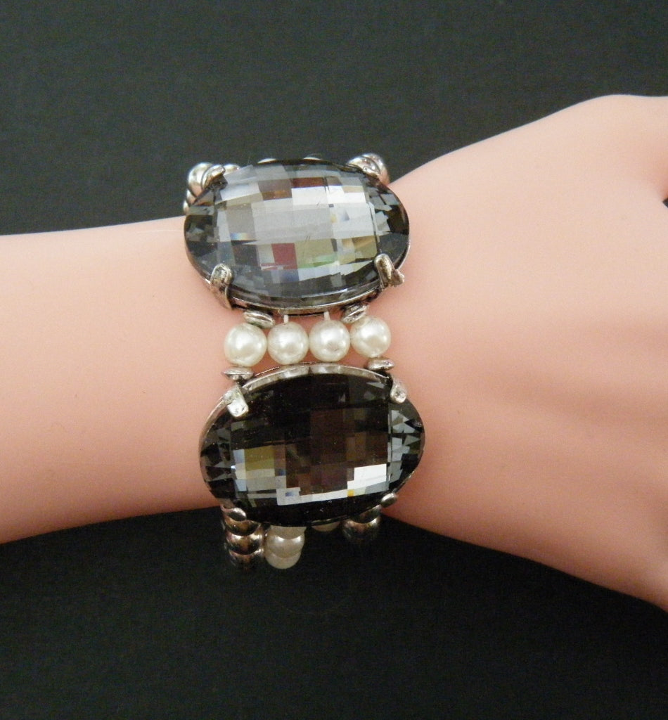 BRACELET MODE TENDANCE PIERRES DE CHARBON STRASS FAUX PERLE 4 CORDES