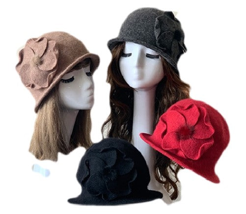 Chic Flowers Ladies 1920's Winter Wool Cap Bucket Chapeau d’église