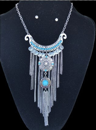 Chic Silver Plated Alloy Blue Beads Tassle Fringe Fashion Necklace Earrings Set