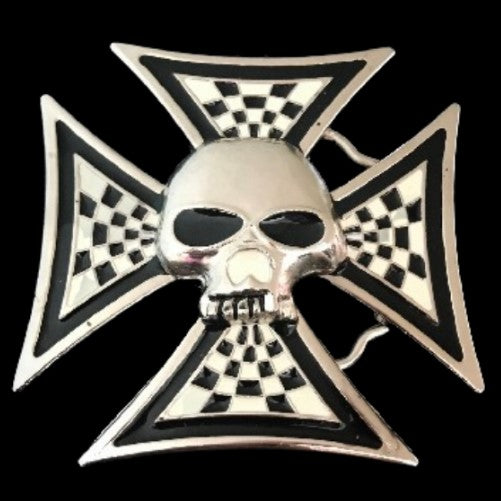 Skull Bones Evil Checkered Cross Belt Buckle