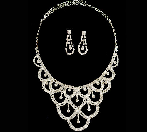 EXQUISITE CLEAR AUSTRIAN RHINESTONE CRYSTAL NECKLACE EARRINGS SET BRIDAL