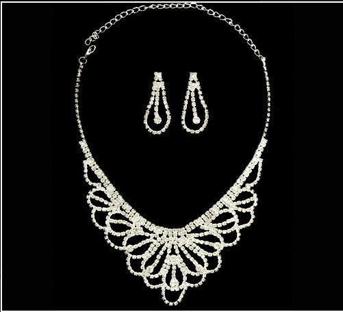 EXQUISITE CLEAR AUSTRIAN RHINESTONE CRYSTAL NECKLACE EARRINGS SET BRIDAL