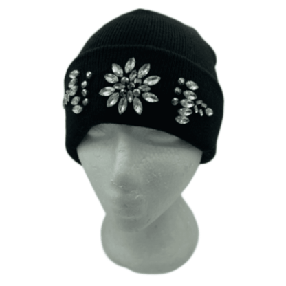 Gorro de invierno a la moda, gorro de esquí tejido con puños ostentosos y diamantes de imitación