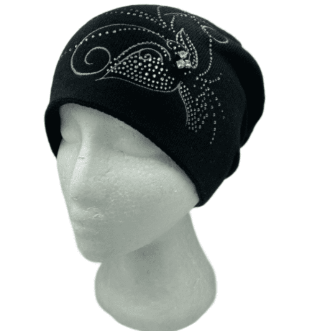 Gorro de invierno a la moda con diamantes de imitación y puños ostentosos, gorro de esquí de punto