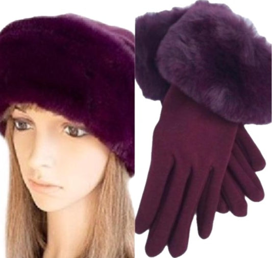 Fashion Women's Faux Fur Russian Cossack Style Winter Hat Glove Set