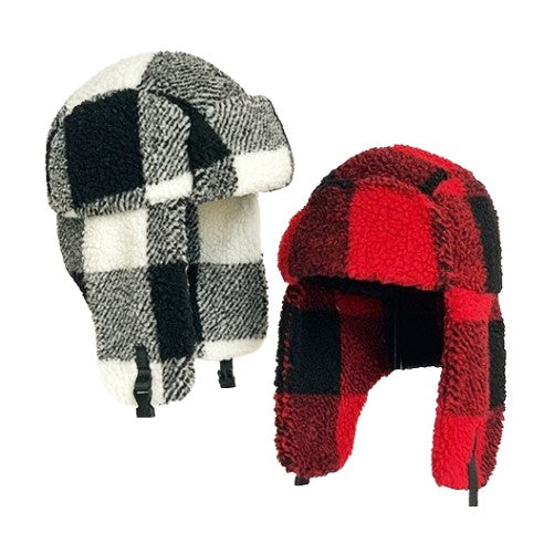 Trooper Trapper Bomber Aviator Ear-Flap Gorro de invierno de piel sintética a cuadros rojo y negro